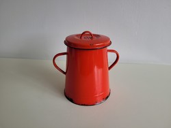 Old enameled small size 2 l red enameled iron bucket with lid fat bucket jug 2 liters