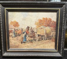 Painting by Gyula Gutaházy Németh (1892-1959) - market square - horse fair - oil, marked, original!