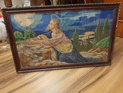 Nagy Jézus Krisztus gobelin régi fakeretben üveglappal 100 cm x 50 cm-es