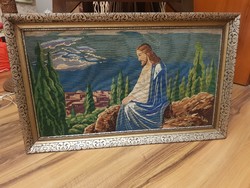 Nagy Jézus Krisztus gobelin szép ezüst fakeretben 100cm x60 cm-es