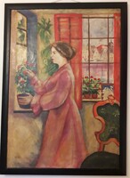 Nő az ablakban virágokkal (Aukcionált festmény Csók István jelzéssel)