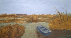 József Tímár: landscape with boats - oil painting, contemporary painter