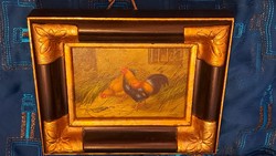 Régi kakasos festmény, miniatűr baromfiudvaros kép (M3613)