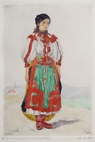 Girl in Transylvanian (Kalotaszeg) folk costume, Edvi-style etching colored with watercolor