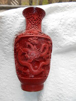 Antik sárkányos nagyobb méretű 24,5 cm  kínai cinóber (faragott vöröslakk) váza