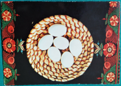 Húsvéti képeslap, Matyó hímzés, tojás, vesszőkosár, 1975, futott