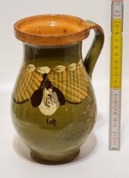 Folk, black, white floral, cream lattice, olive green glazed ceramic milk jug (2586)