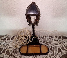 RITKASÁG! Vintage antik kovácsolt vas fa fém kovácsoltvas talpas asztali lámpa + zsinór csipketerítő