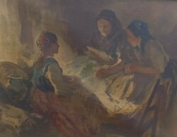 Péczely Antal (1891-1960) olaj-vászon életképe, Levelet olvasó asszonyok