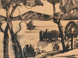 Contemporary painter Attila Korényi: the Balaton landscape in the background is a small picture without a frame on Badacsony ink paper