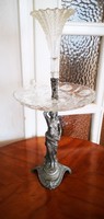 Antik Szecessziós  hölgy szobor ón spiáter Asztalközép kínáló üveg tál és tölcsér.
