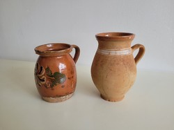 Old folk earthenware jug with brown glaze and flowered straw, 2 milk jugs