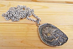 Retro craftsman necklace with large silver plated brass pendant