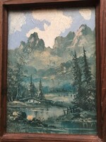 Painting made with oil technique. Mountain landscape, in a beautiful wooden frame, the work of an unknown painter.