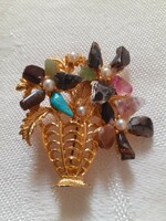 Charming, vintage, flower bouquet-shaped golden brooch (pin) decorated with minerals