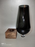 Great as a gift or home decoration! Smoke glass vase standing on a wooden platform in purple color