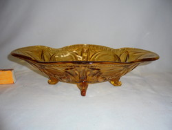 Old, amber-colored glass centerpiece, serving bowl - boat shape, on four legs
