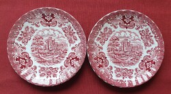 2pcs ironstone old country English burgundy scene porcelain saucer plate