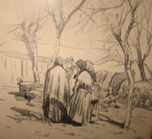 Guaranteed original Gergely Pürge /1858-1930/ graphic: Újpest market 1916