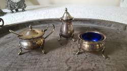 Antik ezüstözött asztali borsszóró,sótartó és mustáros edényke