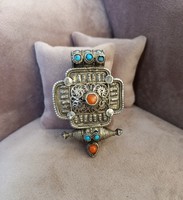 Antique Tibetan silver opening pendant with turquoises and corals