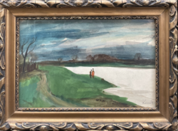 Tamás Konok (1930-2020) on the waterfront c. Gallery watercolor