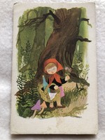 Old postcard with drawings - drawing by Zsuzsa Demjén - Red and the Wolf -6.