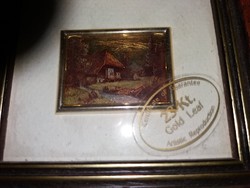 Régi 23 karátos aranylemezre festett falusi tájkép miniatúra a képek szerint