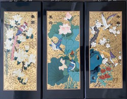 Japanese paintings on lacquered wood - 3 pcs
