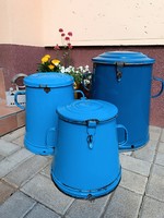 Large blue enameled grease cans