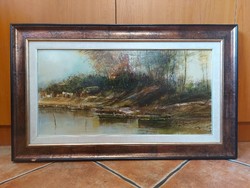 Simon János (1945-) : "Két csónak", festmény, olaj, farost, 30x60 cm+dupla keret