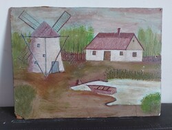 Unsigned windmill painting - the artist is on a certain canvas ... Can be a farm with a windmill - 463