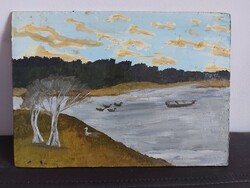 Unsigned painting - lakeside with ducks and fishing - 469