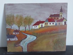Unsigned painting - the artist is on a certain canvas ... Maybe - village edge with a church and a stream - 459
