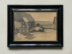 Farm antique graphic landscape in a wide wooden frame under glass