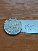 Norway 50 öre 1967 copper-nickel, Norwegian elkhund dog, olive v, 1393