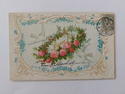 Régi képeslap dombornyomott levelezőlap rózsa galamb nefelejcs
