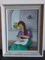 Róza 2001 signed painting - little girl with pigeons - oil or acrylic on wood - 499