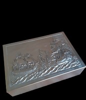 Ship pattern embossed metal box with wooden interior