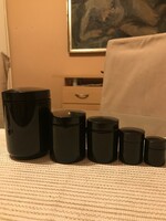 4 black glass jars with screw vinyl lids, they were laboratory glass