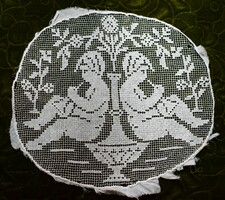 Antique recce lace shirred puttos tablecloth curtain, decorative pillow, picture insert 27x24 cm filet