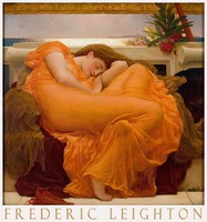 Frederic Leighton Lángoló június 1895 preraffaelita művészeti plakát, narancs ruha alvó lány portré