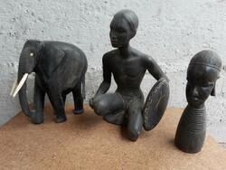 3db afrikai szobor, harcos férfi, nő mellszobor és elefánt