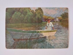 Régi képeslap művészeti levelezőlap csónakázó hölgy