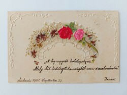 Old postcard with silk overlay embossed postcard rose violet