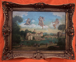Antik kastély berendezés kvalitásos tájkép barokk olaj festmény fémlemezen 80 x 100 cm
