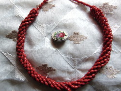 Old tapestry brooch with rose, forget-me-not, violet and red necklace with glass beads