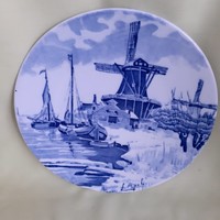 Delfi porcelán dísztányér, kék- fehér, holland porcelán,  hajó, vitorlás, tenger jelenetes ( nagy)
