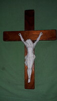 Antique farmhouse lacquered wooden crucifix with cross porcelain body 31 x 26 cm as shown in the pictures