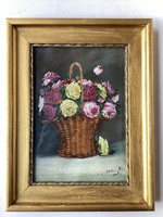 Dénes Mesterházy (1900-1949), roses in a basket, framed oil painting.